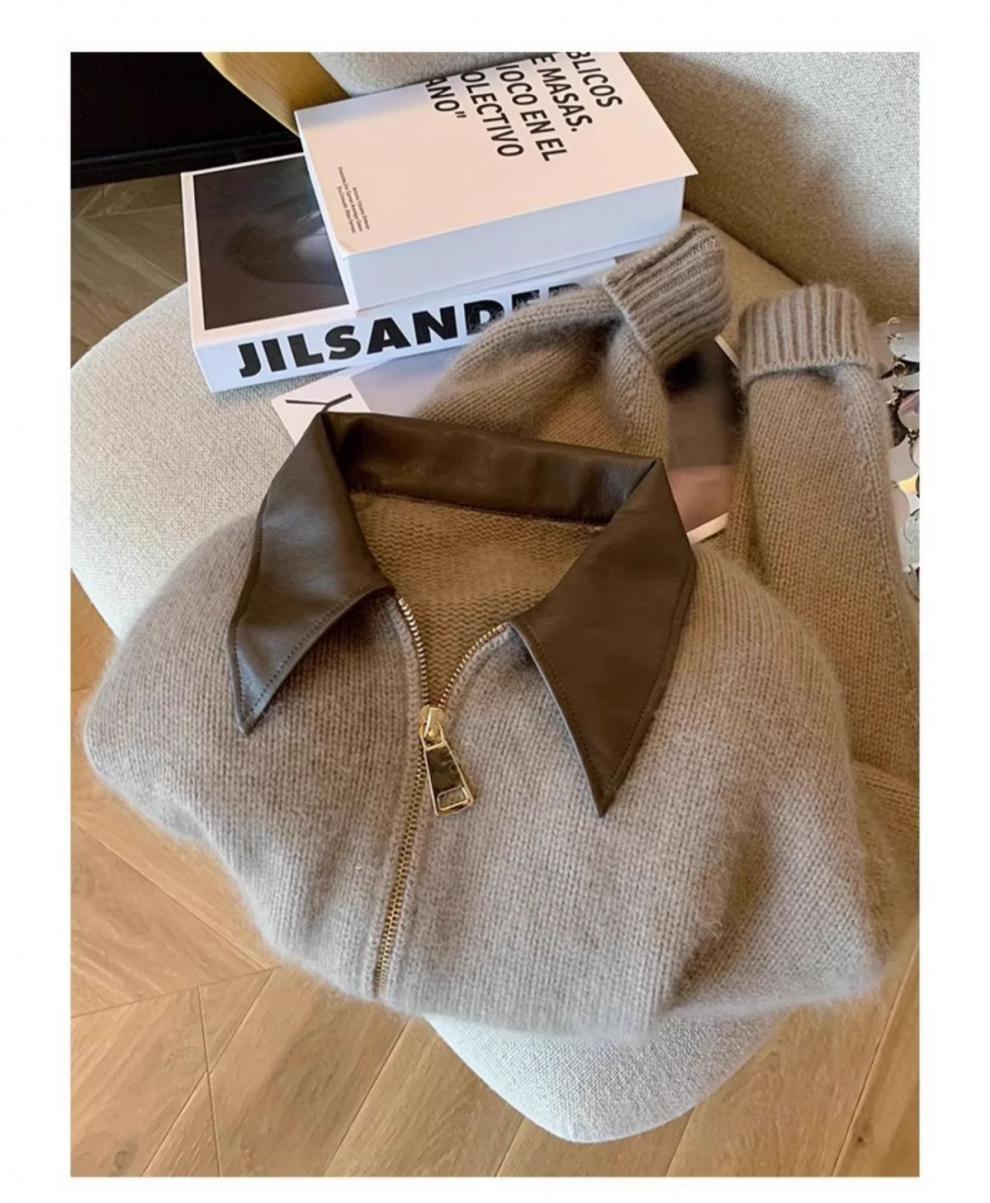 Modieus damesvest met leren kraag en rits gebreide bovenkleding_voghion.com