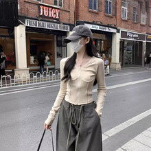 美式2025秋季新品韩版v领鱼骨插肩百搭拉链开衫长袖T恤女上衣外套