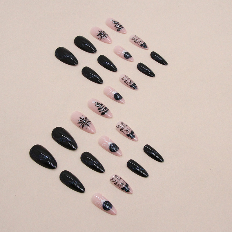 Bleu noir ciel scintillant rose amande armure flocon de neige wapiti nuit de Noël faux ongles_voghion.com