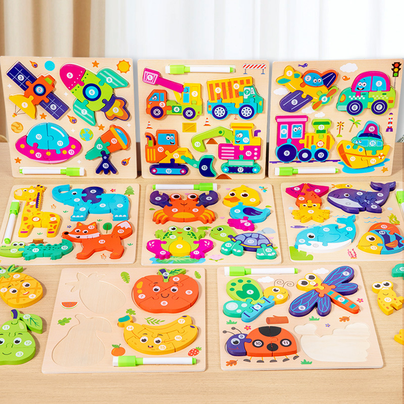 Tablero de rompecabezas de animales hecho a mano para bebés y niños, juguete de regalo de forma de rompecabezas cuatro en uno, madera de rompecabezas de educación temprana Montessori