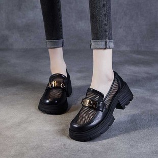 2025 New Summer Mesh Loafers for Women, Thick Soles, Increased Metal Buckles, Slimming Look and Lightweight British Japanese Style Mesh Shoes