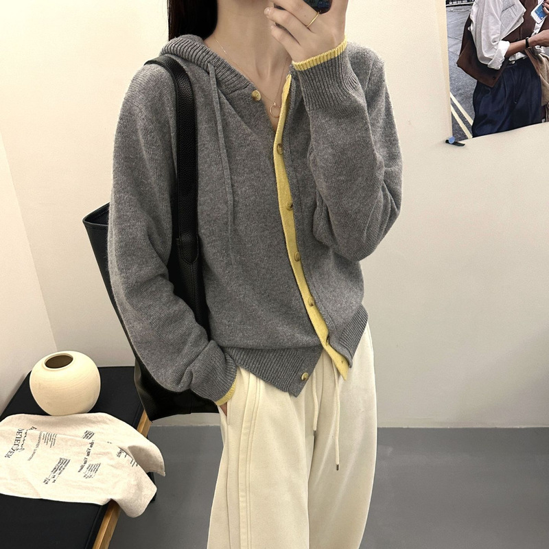 撞色连帽毛衣开衫女设计感假两件针织衫外套春秋新款宽松百搭上衣|undefined