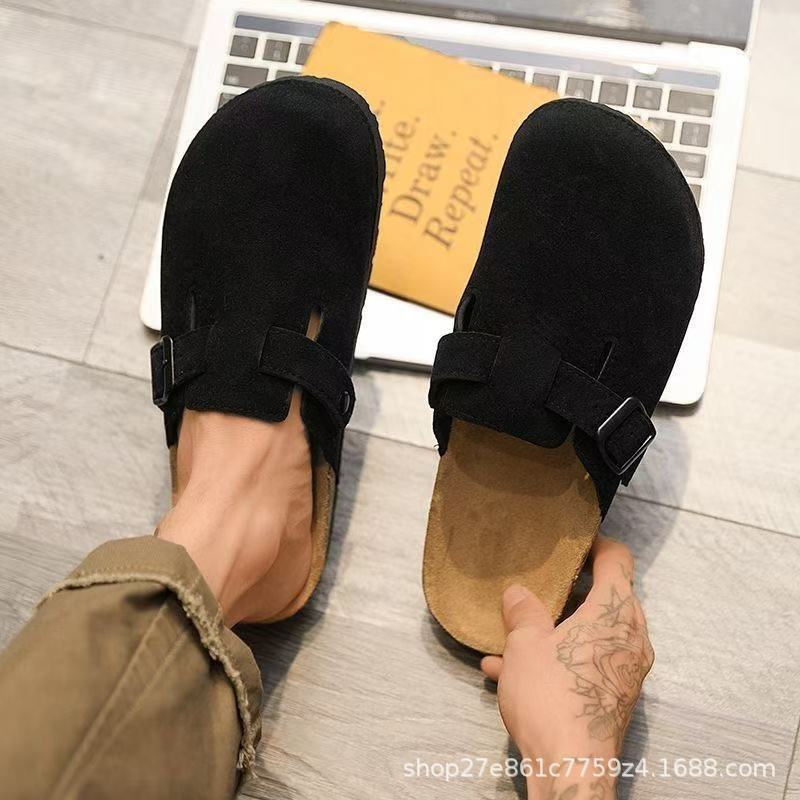 Cross-border autumn and winter Birkenstock-style cork thick-soled closed-toe slippers for women, fashionable and versatile, suitable for outdoor wear, flat-soled half-closed slippers for women