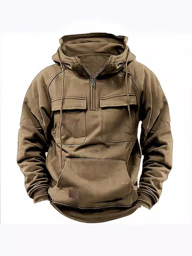 Spring and Autumn American Retro Hooded Loose Ribbed Sweatshirt for Men, Blue Multi-Pocket Pouch-Neck Outerwear