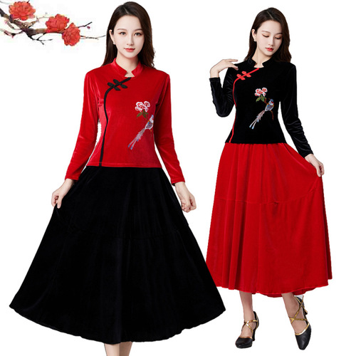 New Spring and Autumn Square Dance Costume Set, Dance Wear for Middle-Aged Adults, Gold Velvet Embroidered Performance Attire