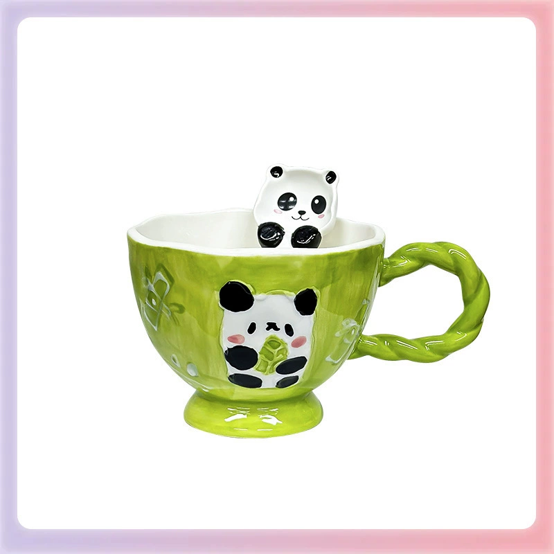 Hand-drawn relief ceramic cup, 400 ml, cute breakfast mug with spoon option