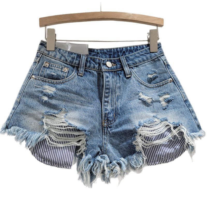 Pantalones Cortos de Mezclilla a Rayas de Mezclilla, Detalles Rotos, para Verano image 5