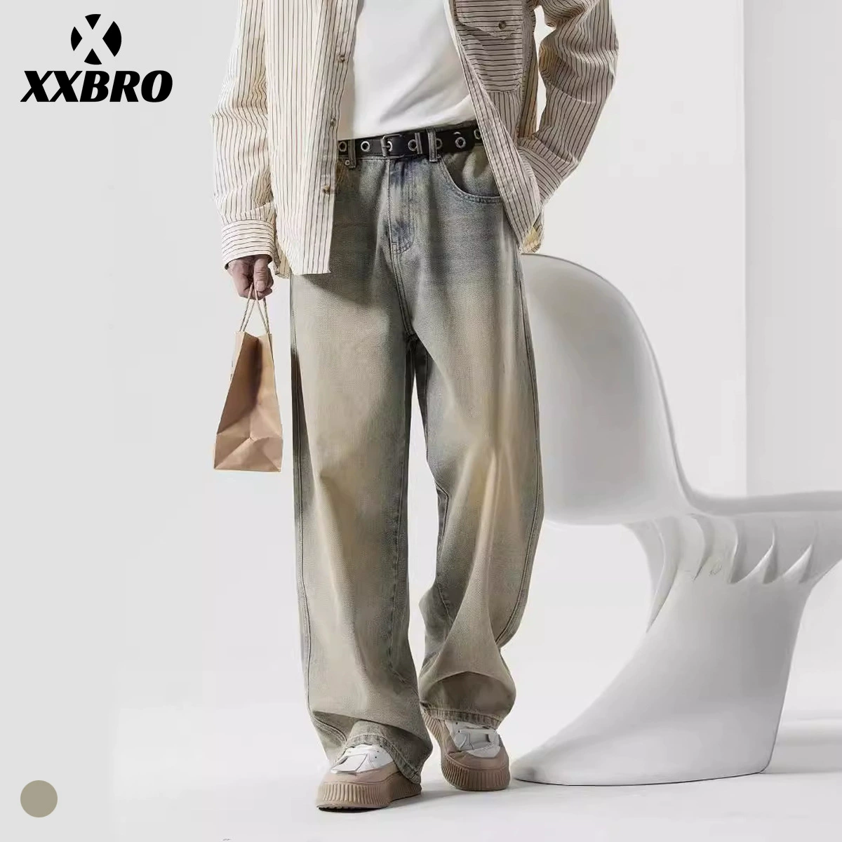 Xxbro мужская одежда # американские высокие улицы желтые грязевые ретро джинсы с широкими ножками