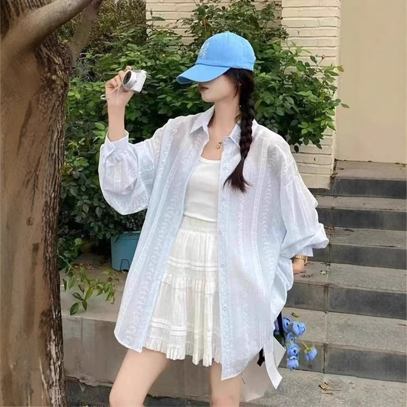 Korean Style Slightly See-Through Lace Sun Protection Shirt for Women, Summer Thin New Style Loose Casual Long-Sleeved Shirt Cardigan Top