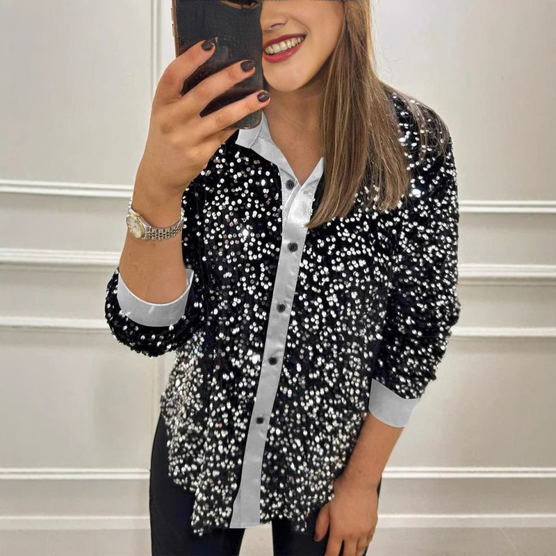 2024 Cross-border Independent Station AliExpress Amazon_Fall/Winter S Fashion Long Sleeve Loose Casual Sequin Shirt