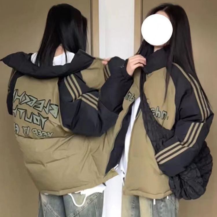 美式复古撞色条纹立领面包冬季棉服新款宽松时尚加厚中学生外套潮