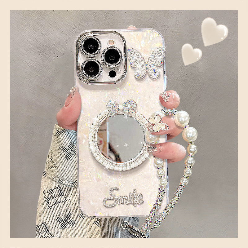 Pearl Mirror Bracelet Suitable for Apple 16 Mobile Phone Case 15 Promax Accessible Luxury 14 High-End 13 Girls 17 Anti-Fall