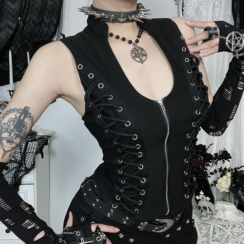 Cf25061 Dark Gothic Style Strappy Waist Zipper Vest 2025 New Fashion Personalized Vest Top for Women