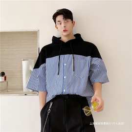 300斤大码男装条纹拼接撞色连帽衬衫五分袖宽松小众设计感ins