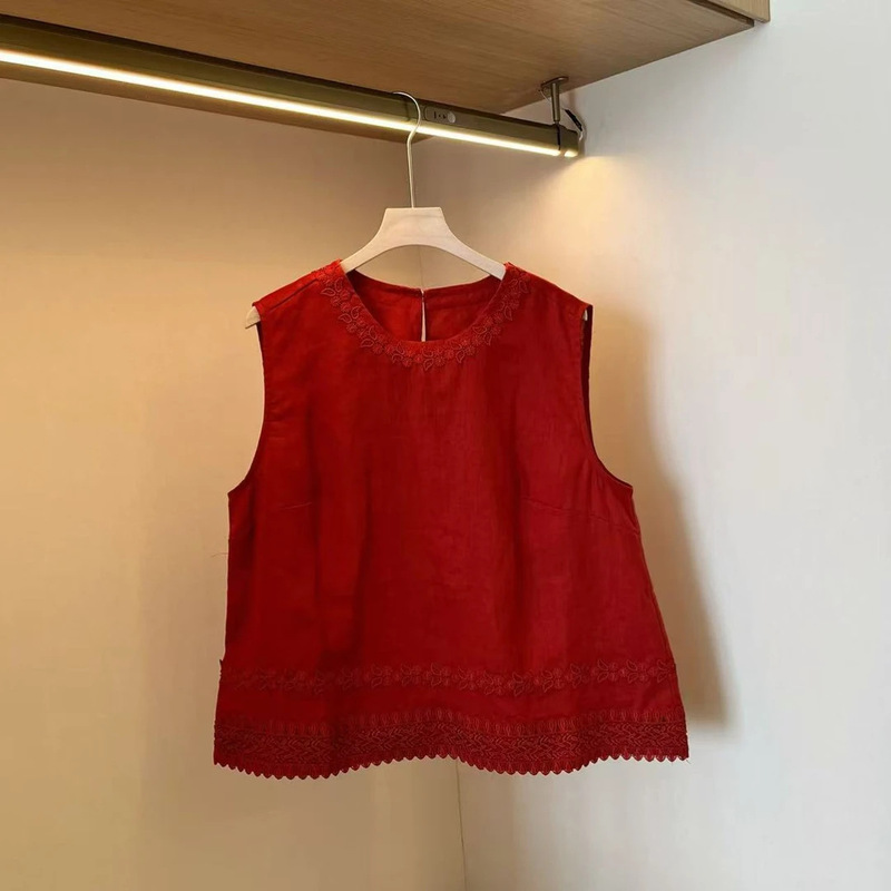 New Chinese-Style Lace Fashion Design Embroidered Top 2025 Summer Round Neck Loose Slimming Sleeveless Vest