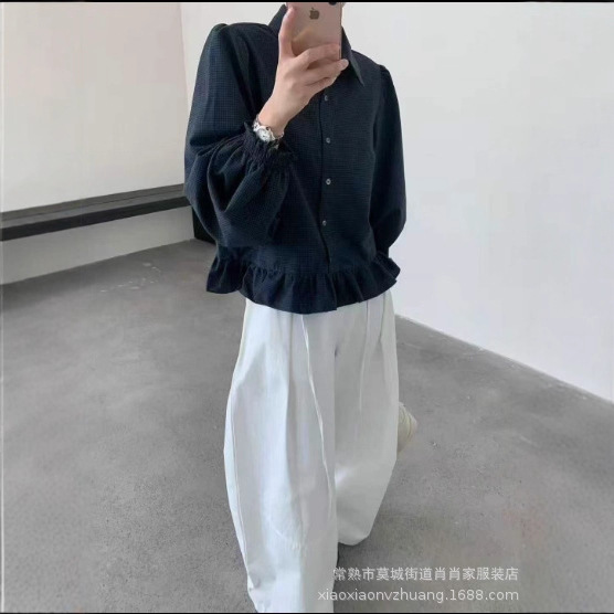 法式小格子宽松下摆花边衬衫秋季女复古氛围感POLO领衬衣上衣|undefined