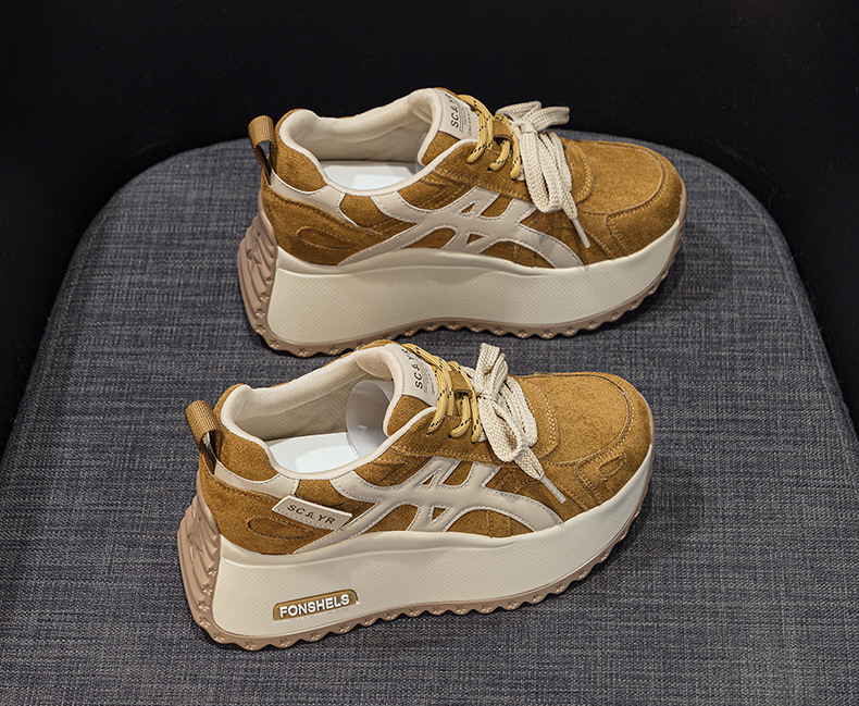 Giày sneaker nữ đế dày tăng chiều cao 7 cm phong cách đa năng mùa thu đông — M2999 li đơn màu vàng, M2999-1 màu vàng nhung, M2999-1 màu nâu cộng nhung, M2999 lớp lót đơn màu nâu chi tiết 14