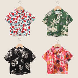 25新款男女童短袖衬衫复古港风印花衬衣短裤儿童套装童装一件代发