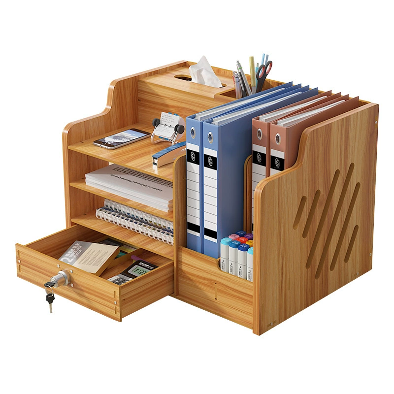 Desktop Storage Box with Lock Drawer — Multi‑Compartment Office Organizer, Wood Finish