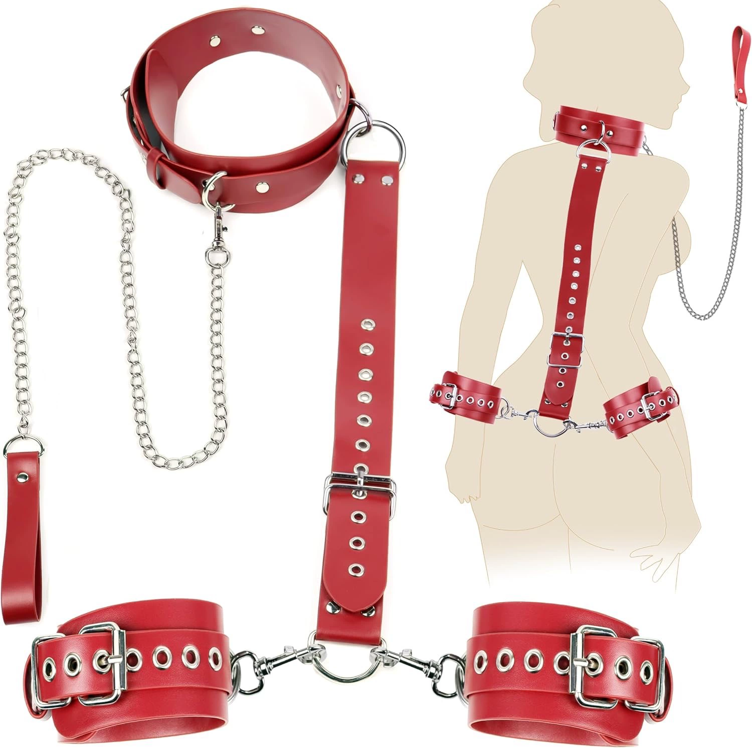 BDSM связующее сексуальный инструмент, цепь для связи шеи спины наручники с тракцией, SM сексуальная рабская ролевая игра инструмент