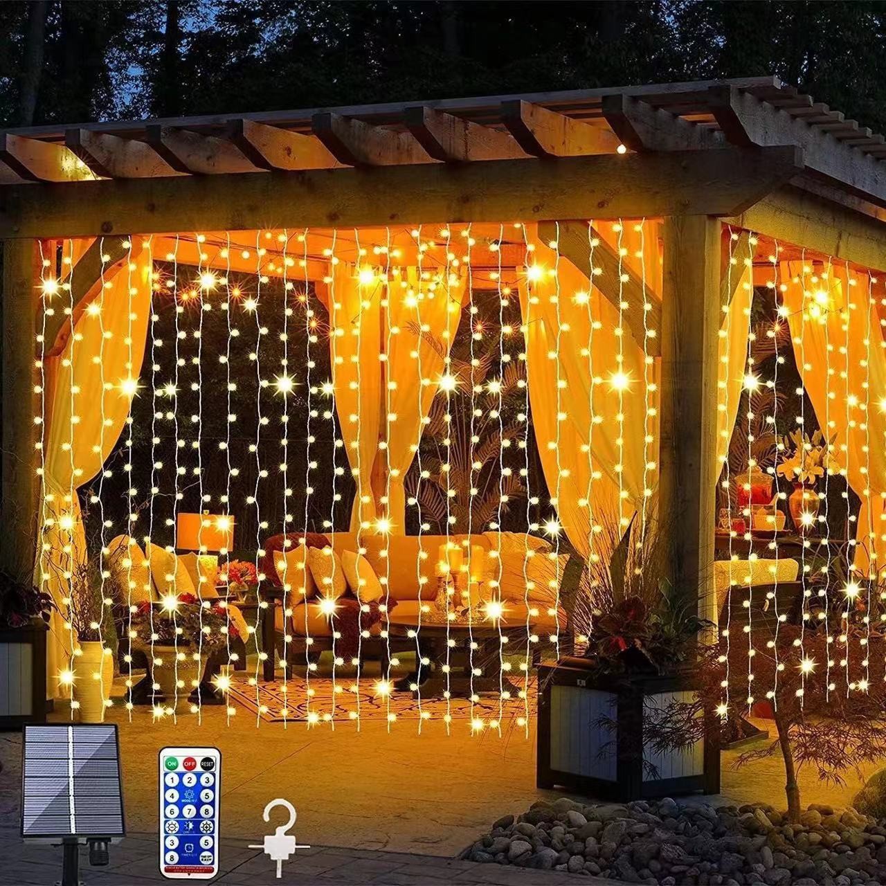 Solar LED cortina lámpara de alambre de cobre 3 * 3m ocho funciones de control remoto estrella iluminación decoración de navidad cadena de luces