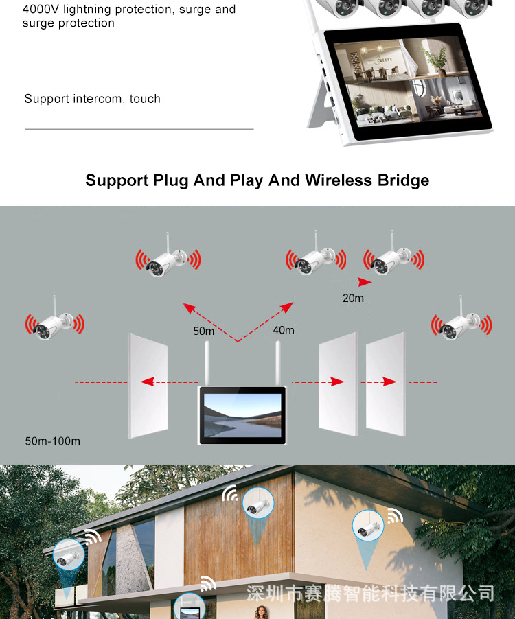 4-Kanal-Überwachungsvideokamerasystem mit Bildschirm, NVR WIFI-Kamera, breiter Anzeigebildschirm, AI-Infrarot intelligente kabellose Technologie.