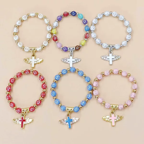 Cross-border hot angel wings cross beaded bracelet men and women all-match daily wear jewelry wholesale