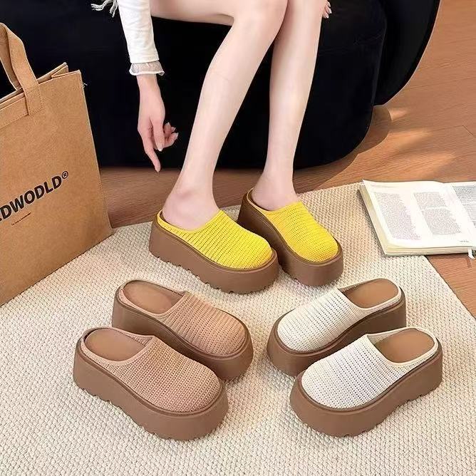 2025 New 7cm Thick Bottom Baotou Half Slippers Women's Summer Outer Wear Small Height Increased Woven Hollow Style Slippers