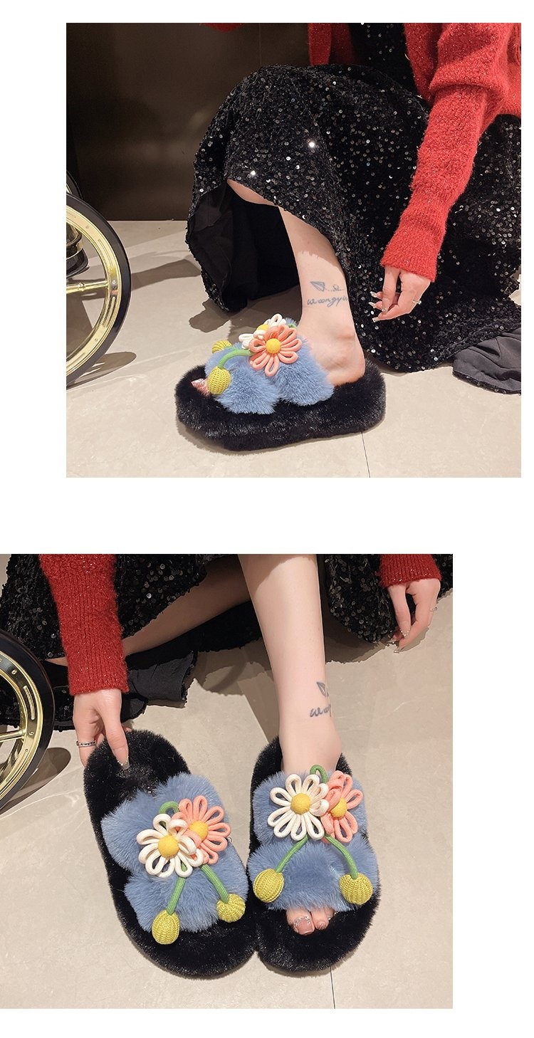 Fresh Flower Plüsch Damen, Bequem Casual, Leicht zu tragen, Hausschuhe fürs Büro, Baumwollpantoffeln mit dicker Sohle,_voghion.com