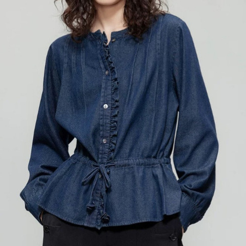 French-Style Vintage Denim Shirt, New for Autumn 2025, Short-Sleeved, Round-Neck, with Ear-Shaped Decorative Drawstring and Ruffle Design