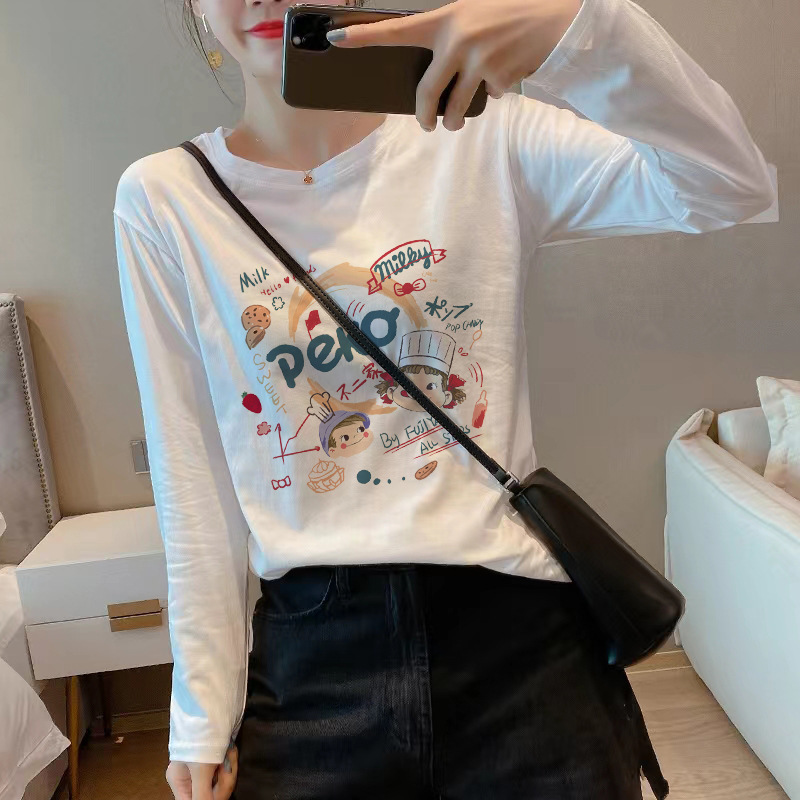 White Cotton Long-Sleeved T-Shirt for Women 2025 New Autumn and Winter Style Inner Fleece-Lined Bottoming Shirt Round Neck Top