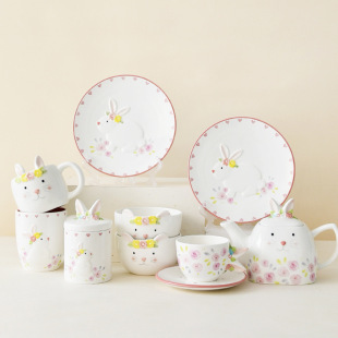 Creative flower rabbit bowl and Dish 7 pieces suit household cute fresh ceramic bowl and plate combination Nordic tableware set Bowl