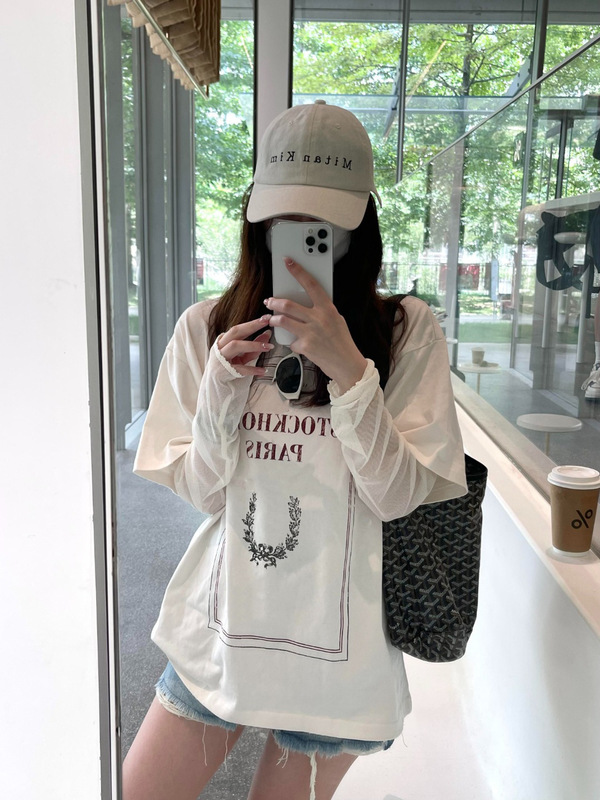 25 New Autumn Style Retro Distressed Letter Print Patchwork Lace Mesh Loose Fake Two-Piece Long-Sleeved T-Shirt