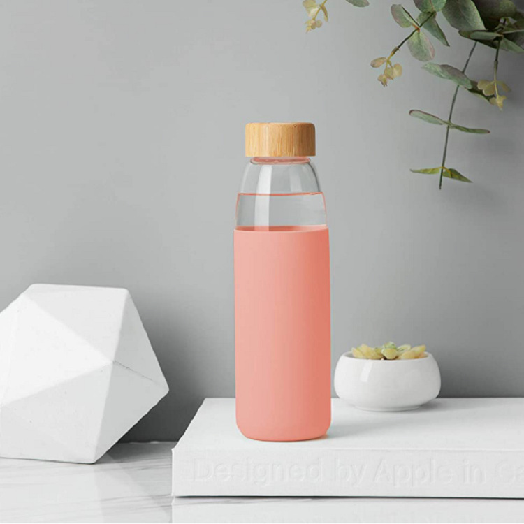 Taza de vidrio de cubierta de bambú aislamiento térmico de alta capacidad de silicona vidrio portátil mangas de agua regalos comerciales