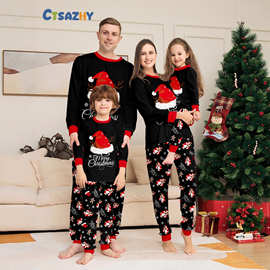 圣诞全家福亲子装一家四口全家款睡衣圣诞帽印花家居服familylook