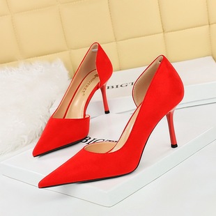 8237 Korean Style Fashionable Simple Stiletto High Heels Women's Shoes Slim Suede Shallow Mouth Pointed Toe Side Cut Out Flats High Heels