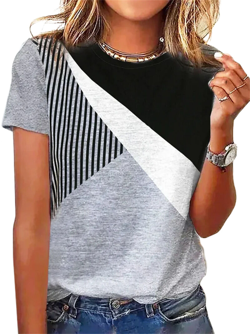 Dame T-skjorte med stripetrykk, korte ermer og rund hals, for kvinner_voghion.com