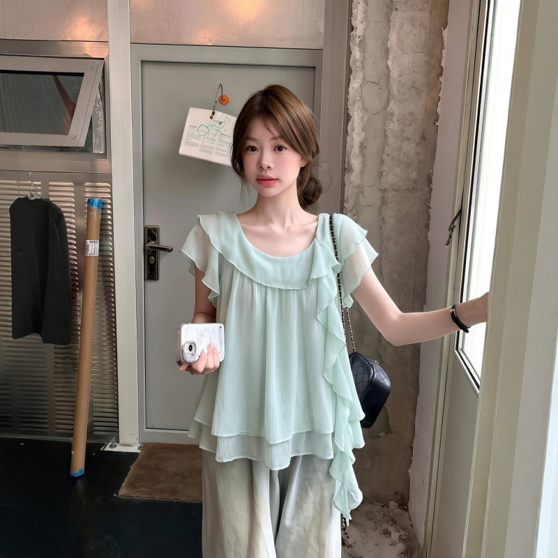 原版天丝面料！宽松显瘦短袖上衣女夏季新款设计感飘带大圆领衬衫