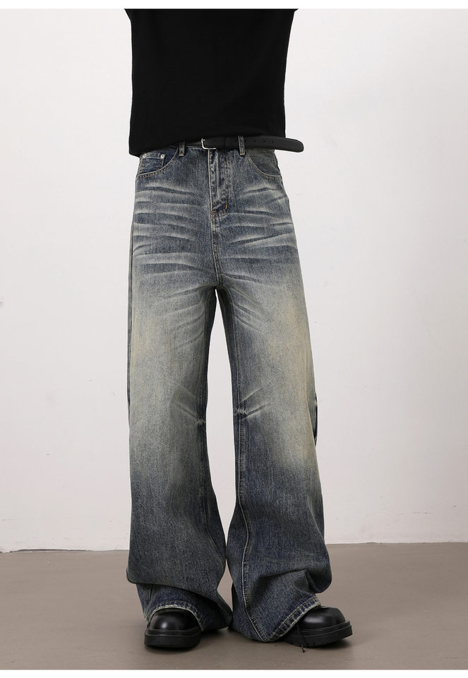 Quần jeans nam dáng chữ A ống rộng phong cách retro, râu mèo nổi, lưng vừa, dài ống suông — Màu xanh dương chi tiết 13