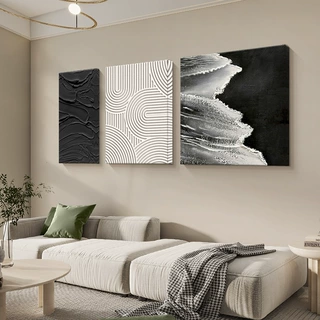 黑白高级感客厅装饰画抽象艺术三联壁画极简侘寂风沙发背景墙挂画