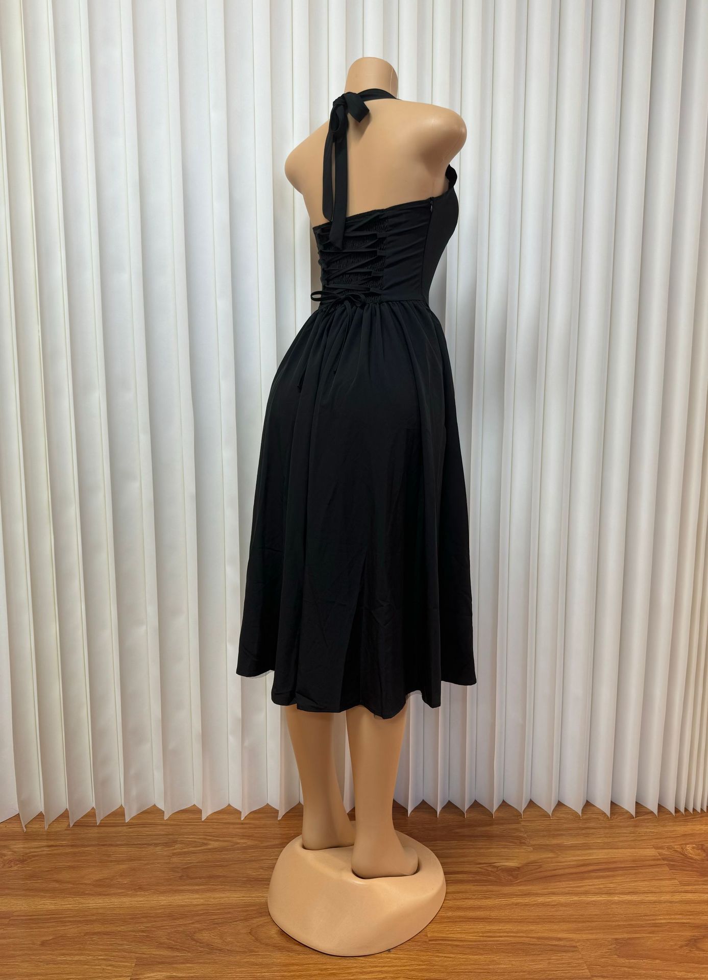French Halter Neck Backless Dress Sexy Tie Up Midi Skirt Mesh Fabric Women's Clothing New_ecoleips.com