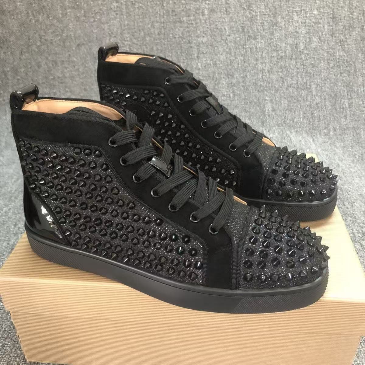 European Foreign Trade New Style Red-Soled Shoes with Electric Embroidery, Black Velvet Studs, High-Top Studded Shoes, Rhinestone Shoes, Fashionable and Versatile Sneakers