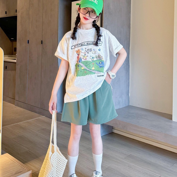女童夏装休闲套装2026新款中大童卡通印花短袖短裤百搭运动两件套