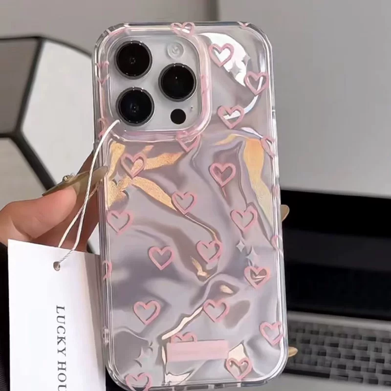 Чехол для телефона (Apple) iPhone 15 Pro Max совместимый, двойной водяной рябь сердечки, прозрачный