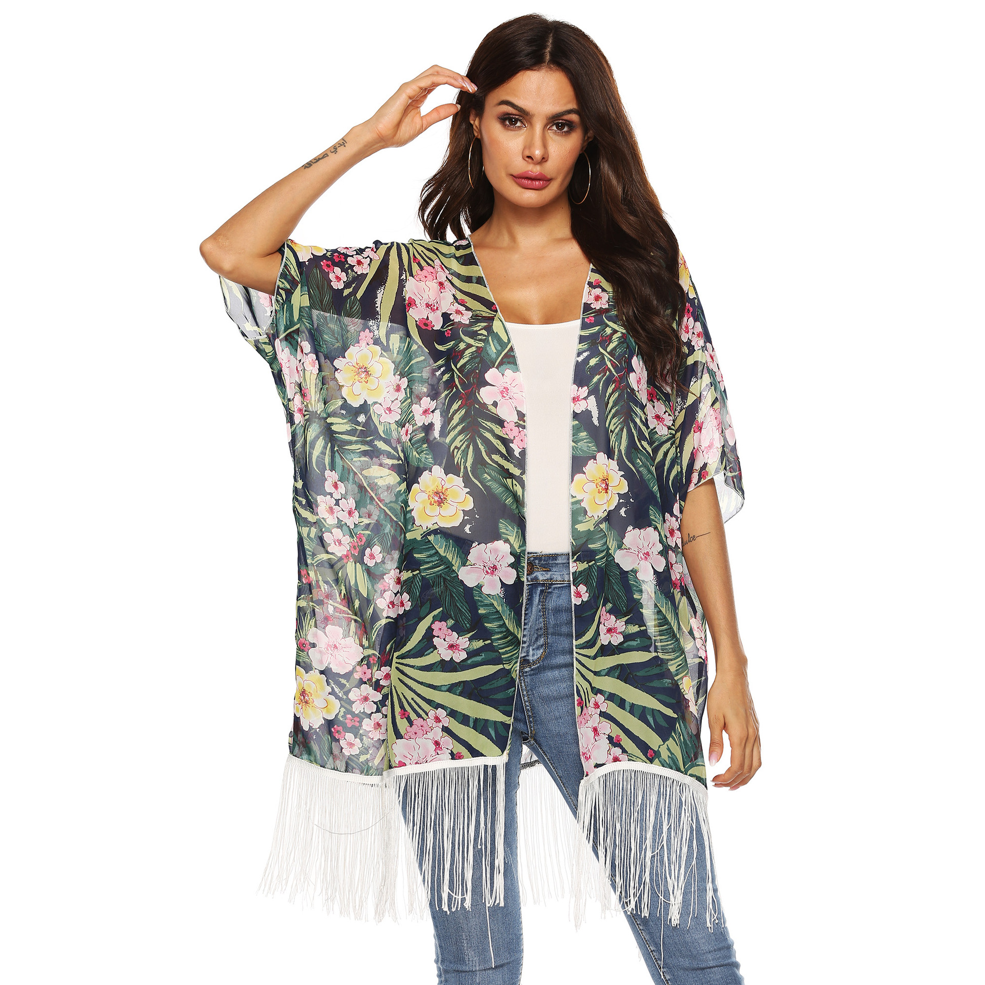 Plant flower printing irregular loose long tassel stitching cardigan NSOY59416