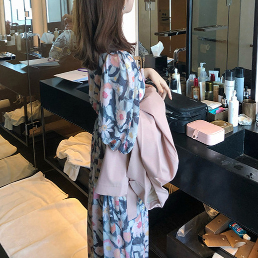 【Simeng】 Rouge Purple Spring Field Floral Dress V-Neck Floral Print Waist-Cinching Long Dress