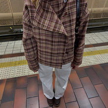 欧美跨境2025秋冬新款立领单排扣格子外套复古个性立领条纹外套女