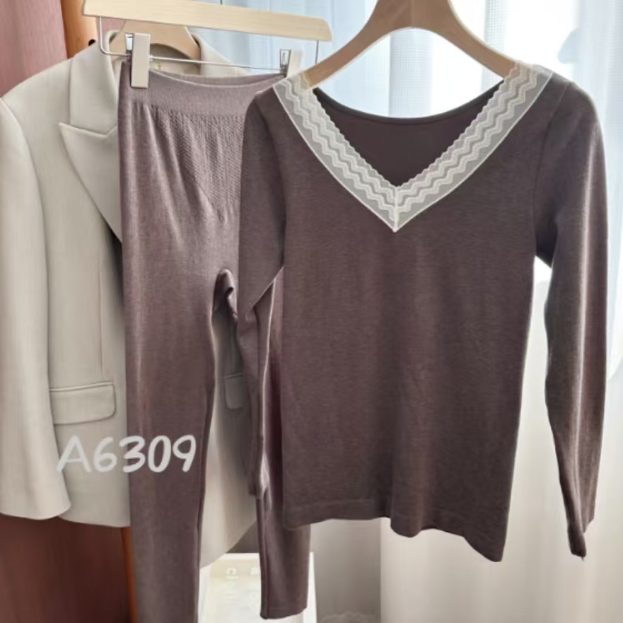 (2개) 박스형 6309 양 울 세트 원활한 바디 레이스 V-NECK 가을 바지 여성용 열 속옷