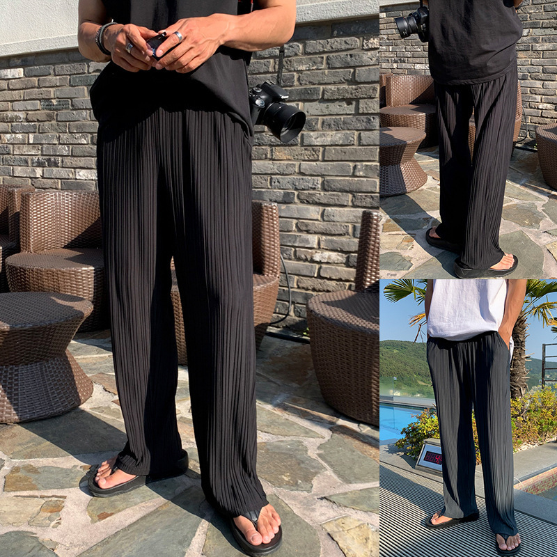 Ice Silk Pleated Long Pants for Men, Elastic Waist, Floor-Length Wide-Leg Pants, Cross-Border Factory Wholesale, Summer Thin Men's Pants Ice Silk Pleated Long Pants for Men, Elastic Waist, Floor-Length Wide-Leg Pants, Cross-Border Factory Wholesale, Summer Thin Men's Pants