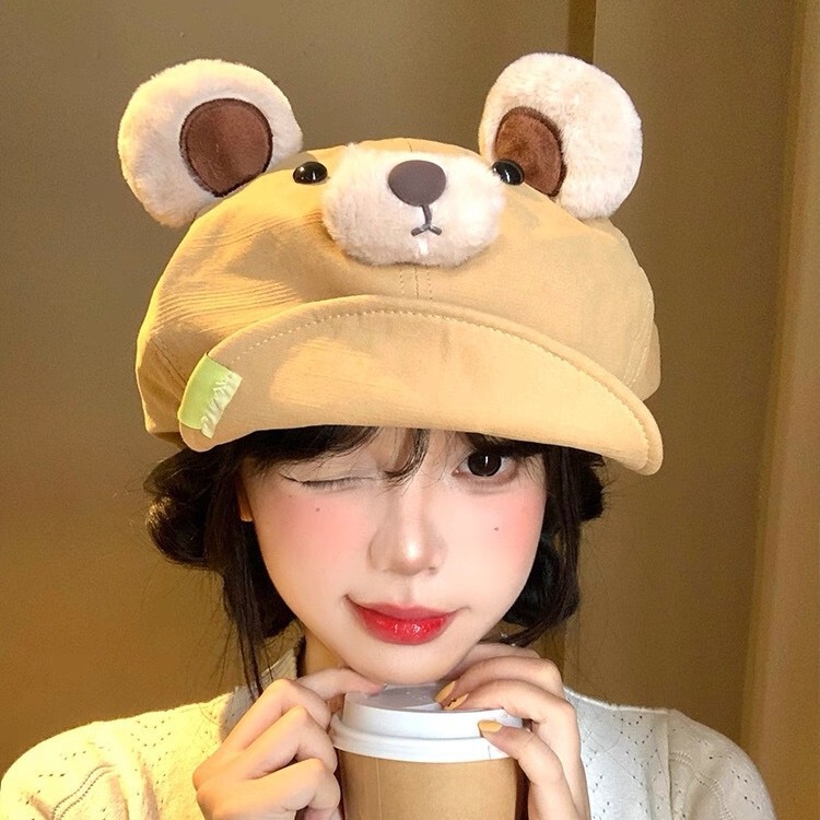 日系可爱卡通小熊耳朵云朵帽女出游大头围显脸小休闲百搭八角帽子|undefined